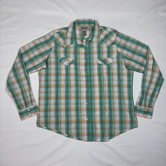 Wrangler Wrancher Blue Plaid Pearl Snap Long Sleeve Western Shirt Womens XL - Picture 1 of 7